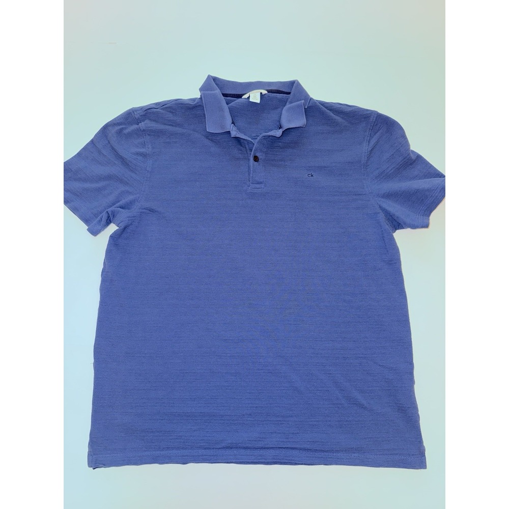 Calvin Klein Men Large Polo Shirt Blue Cotton CK Logo Casual Preppy Minimalist